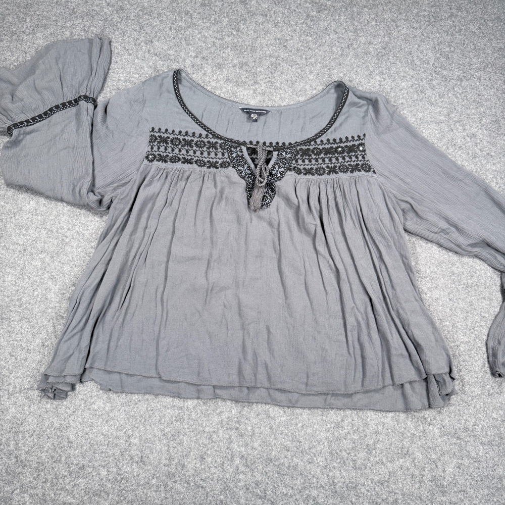 American Eagle Gray Embroidered Peasant Blouse Bell Sleeve Tassel Top XL - Picture 1 of 13